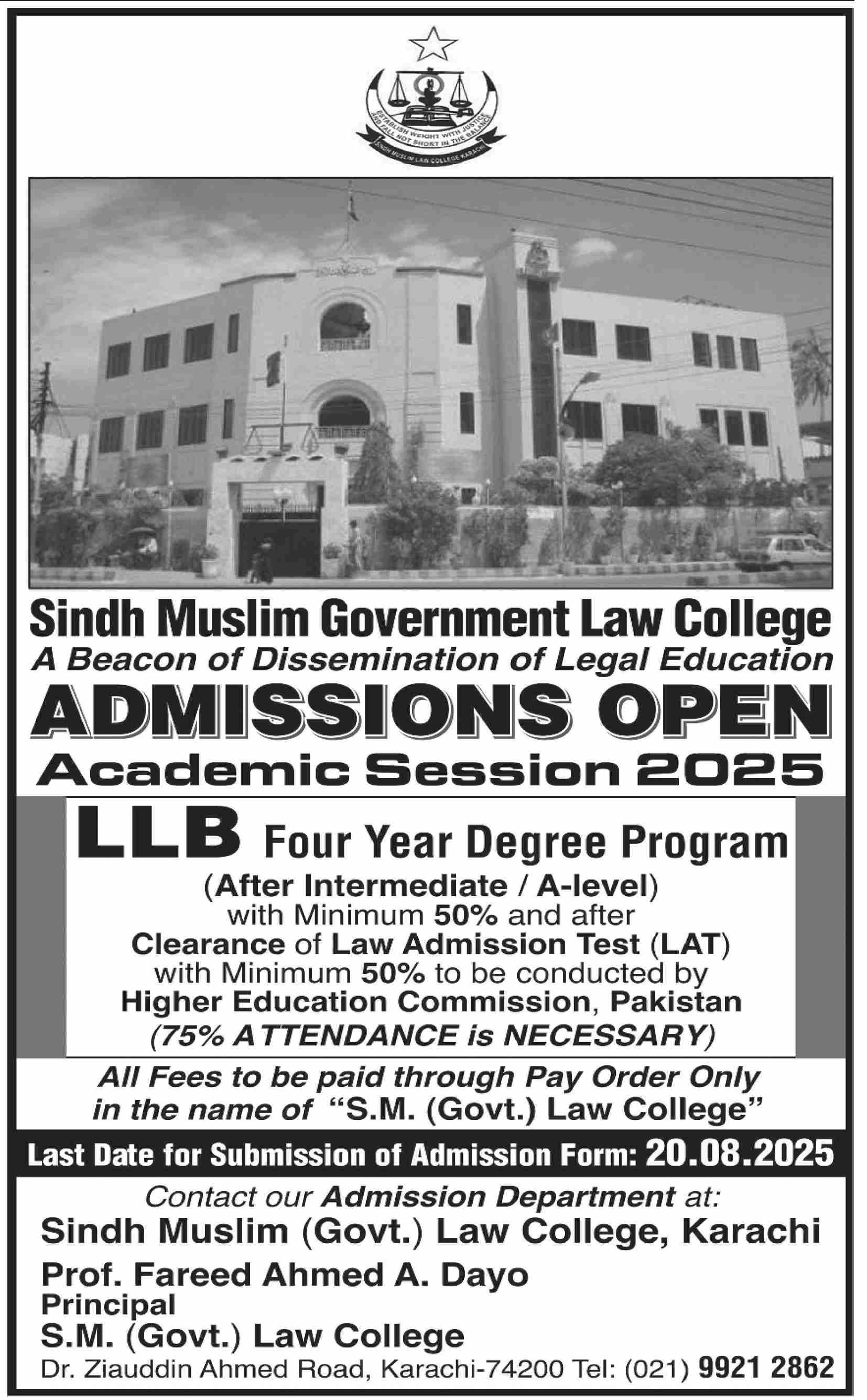 Admission Open in Sindh Muslim Government Law College Karachi